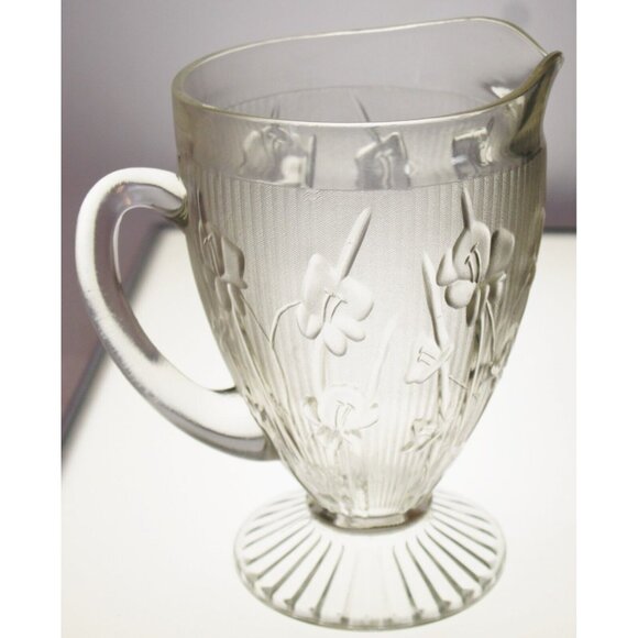 Vtg 50s Jeanette Glass Iris Herringbone Clear Glass Pitcher 2 quart Depression - Picture 3 of 10